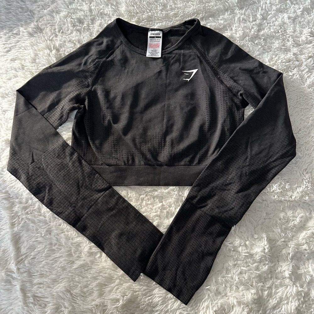 Gymshark Long Sleeve Crop Top, Black Marl Medium